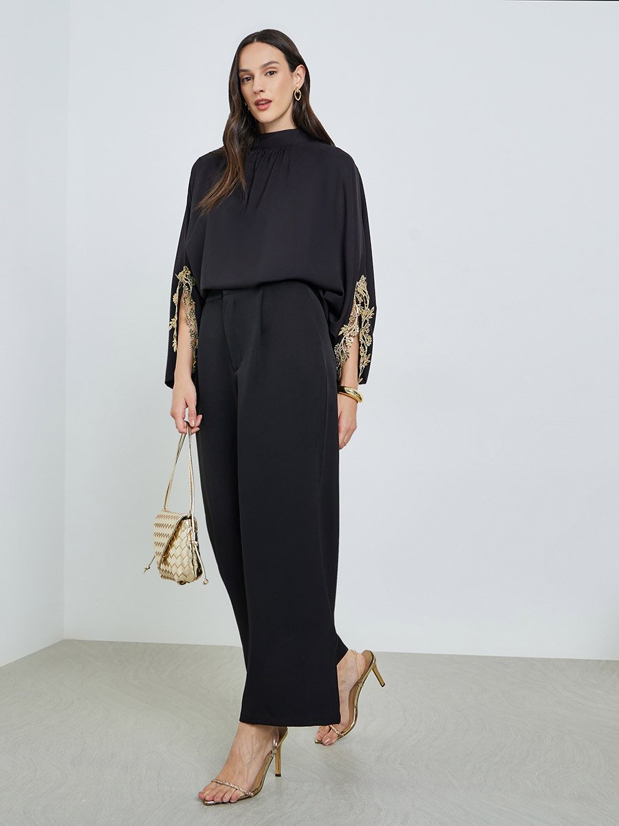 Black Lace Detail Slit Sleeve Blouse