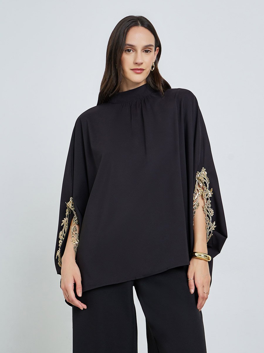 Black Lace Detail Slit Sleeve Blouse