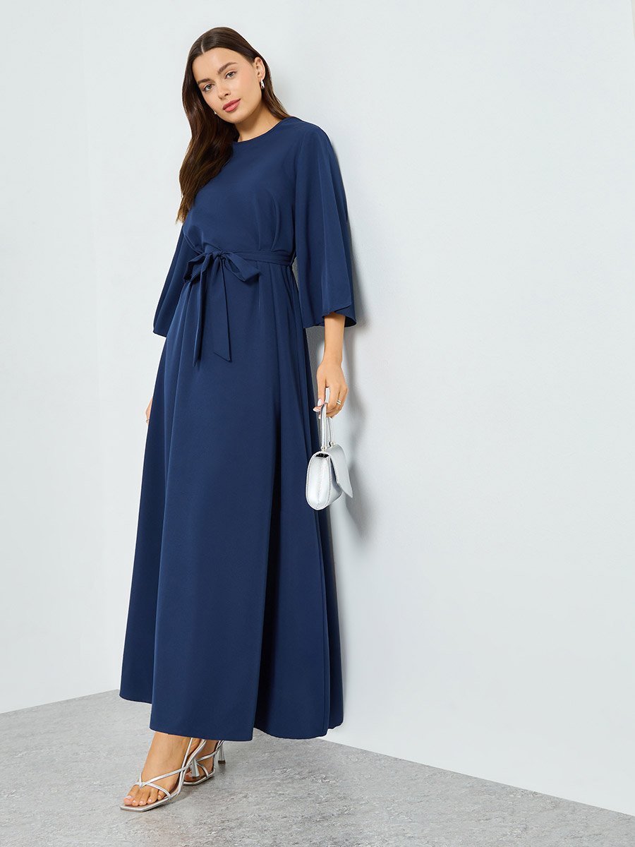 Dark Blue Bell Sleeve Waist-Tie Maxi Dress