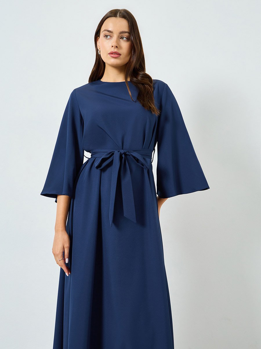Dark Blue Bell Sleeve Waist-Tie Maxi Dress