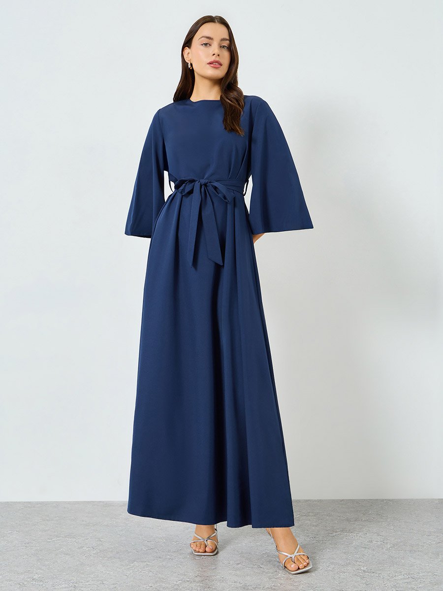 Dark Blue Bell Sleeve Waist-Tie Maxi Dress