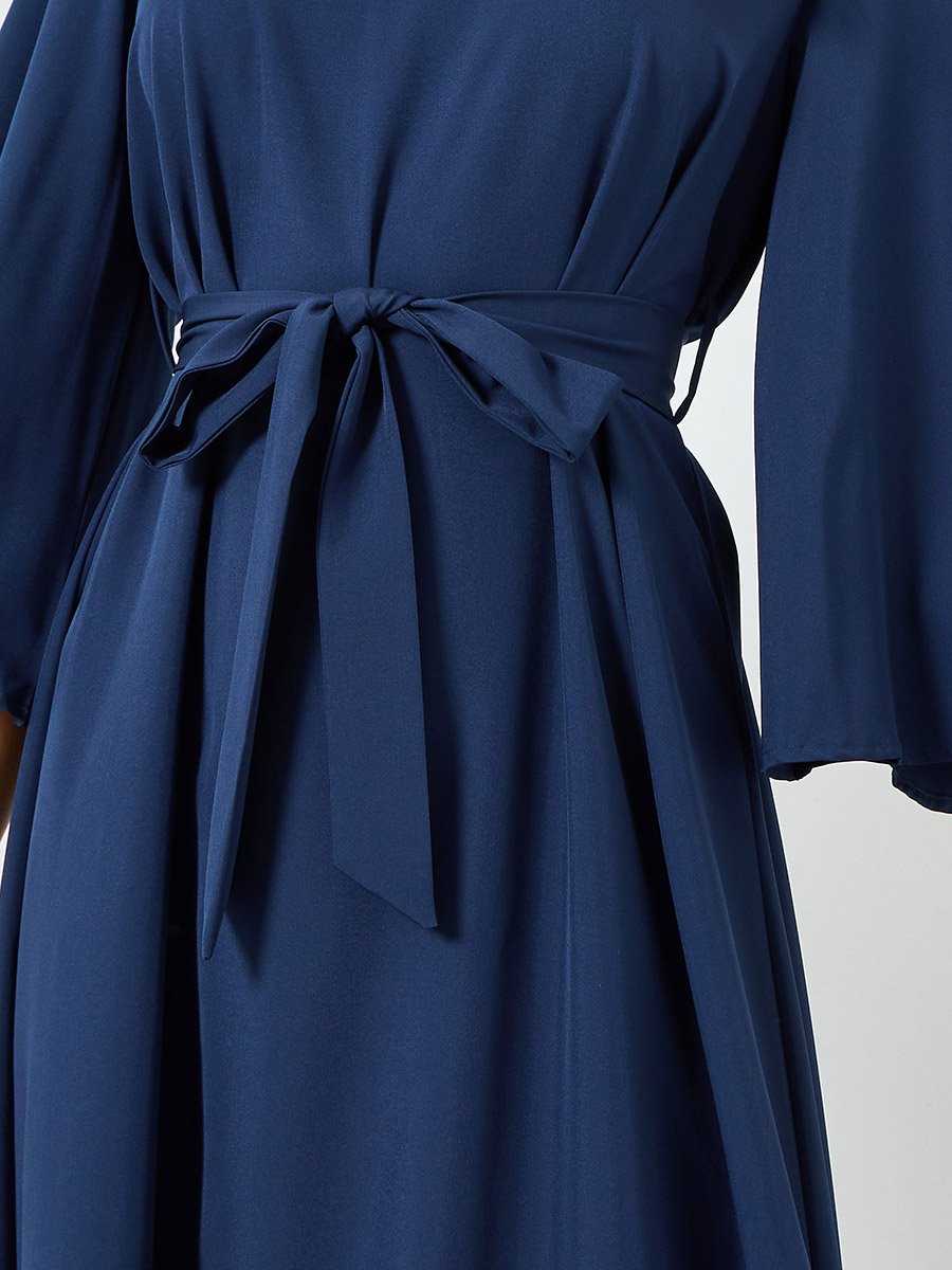 Dark Blue Bell Sleeve Waist-Tie Maxi Dress