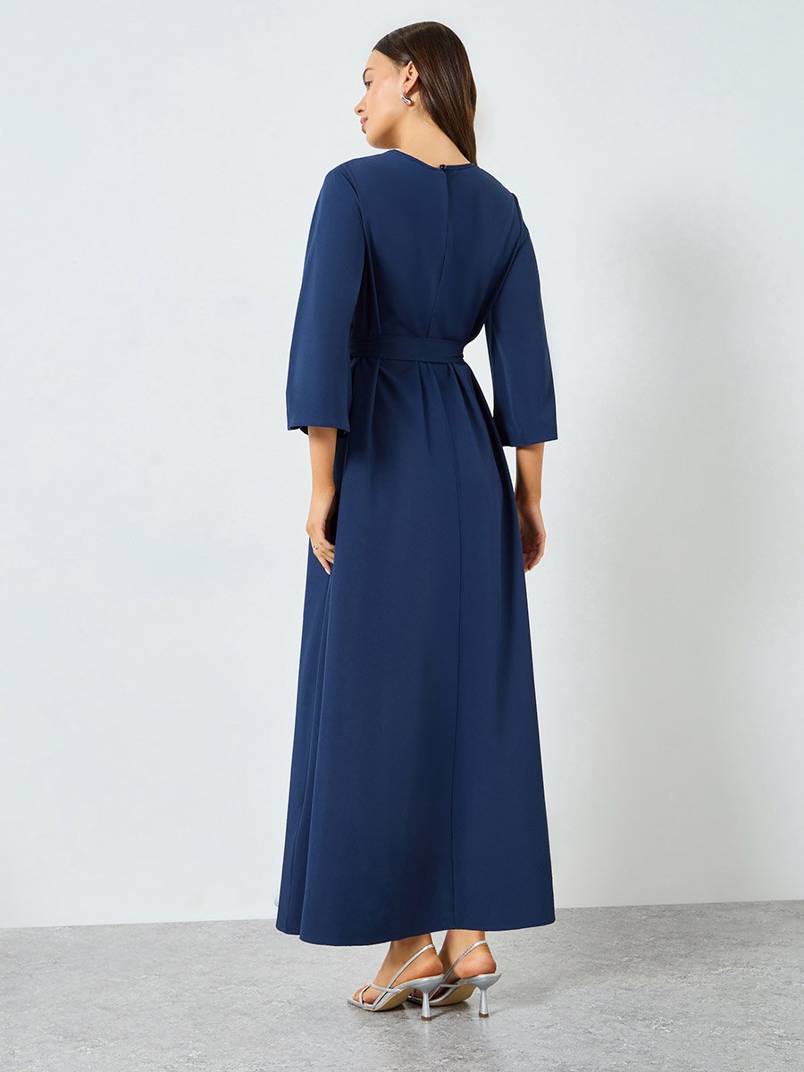 Dark Blue Bell Sleeve Waist-Tie Maxi Dress For Women at UAE | Styli