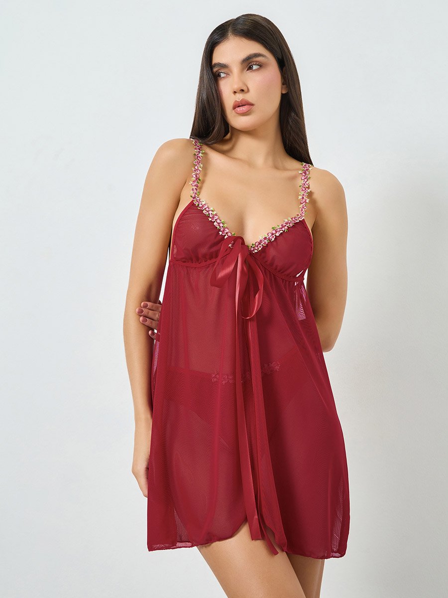 Burgundy Floral Trim Babydoll with Brief Set