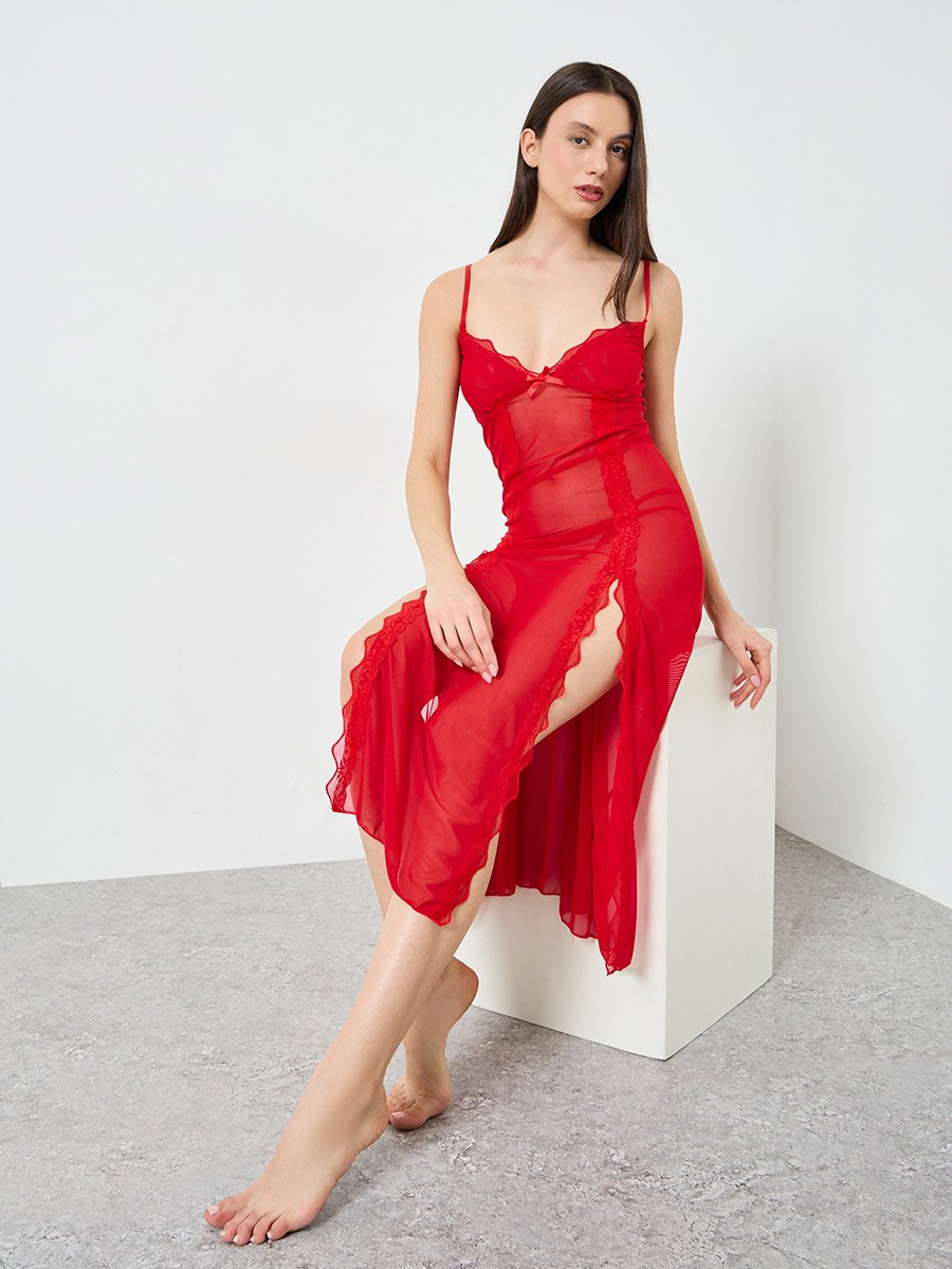 Red Lace Detail Slit Cut Cami Dress with Brief Set For Women at Bahrain |  Styli