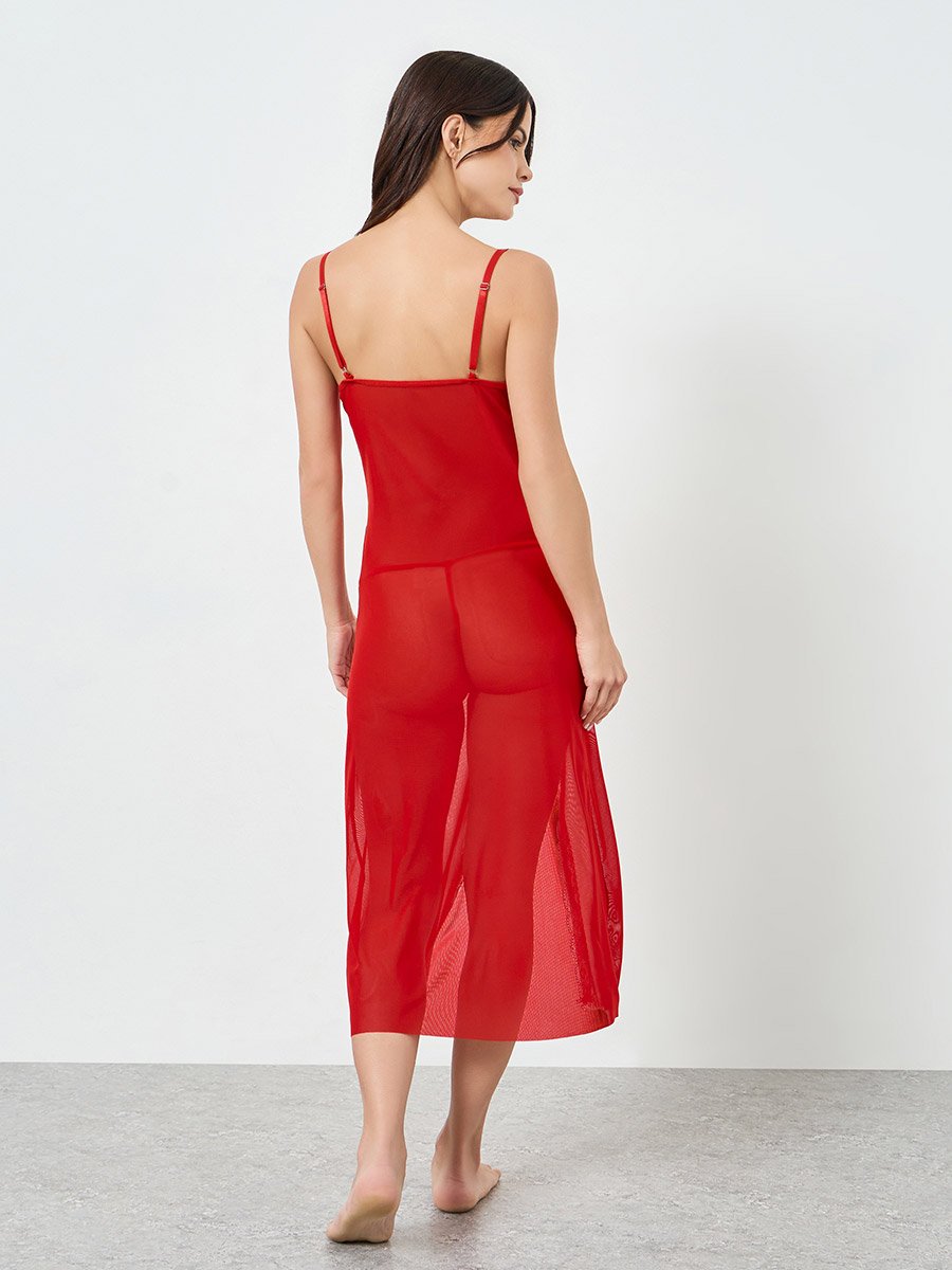 Red Lace Insert Bow Detail Slip Dress with Brief