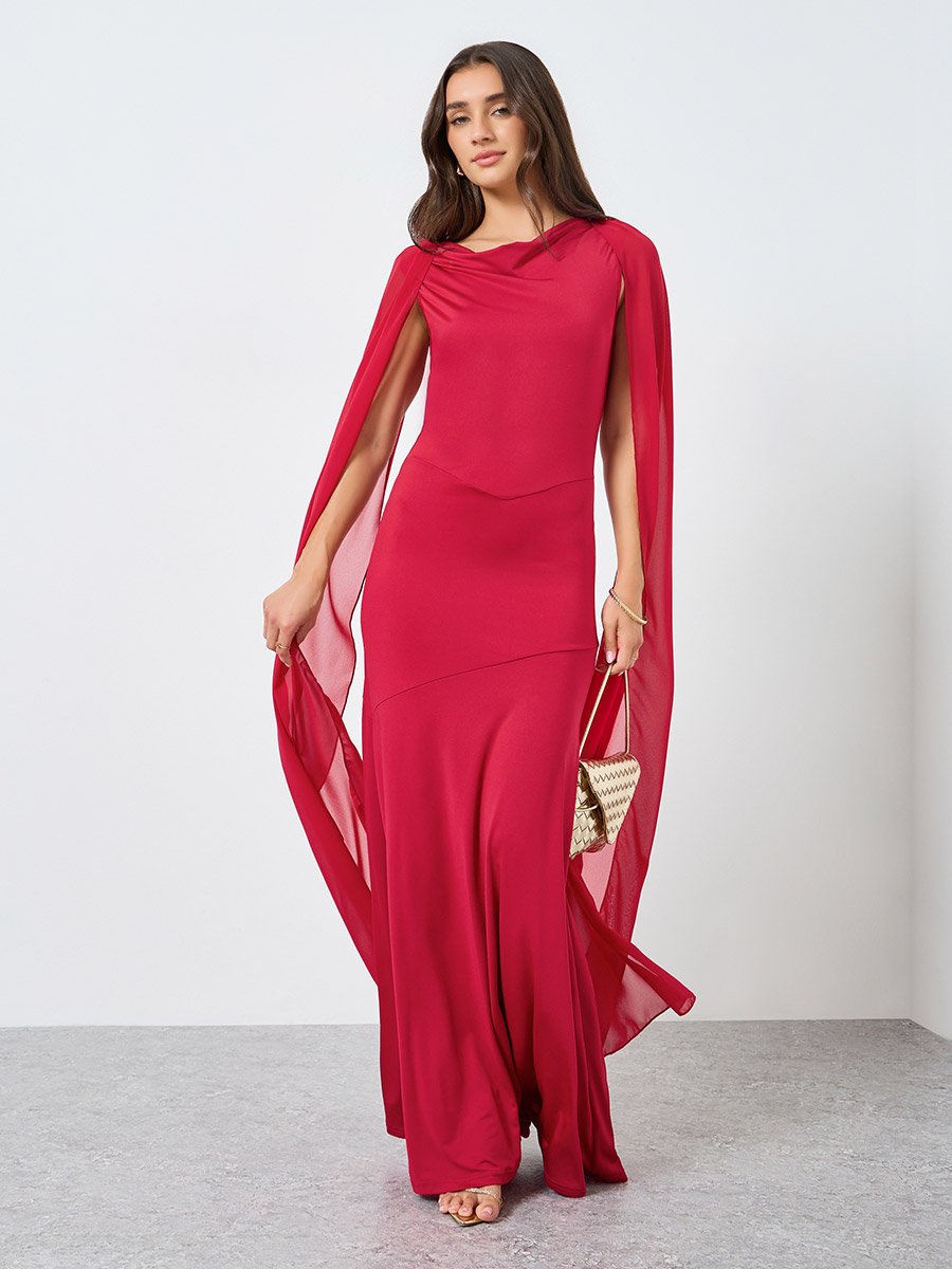 open lace back dress Long burgundy georgette cape dress