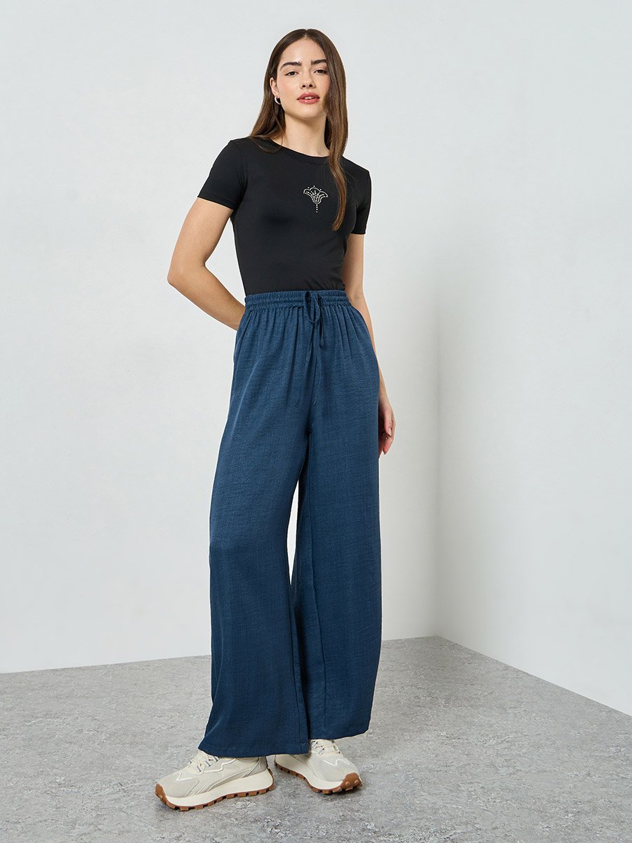 Navy Blue Wide Leg Linen Look Pants