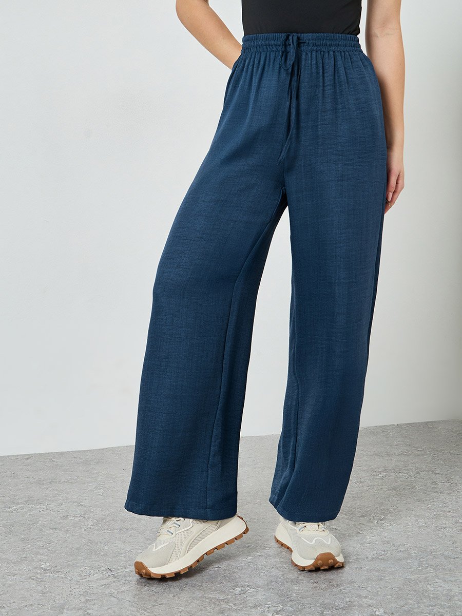 Navy Blue Wide Leg Linen Look Pants