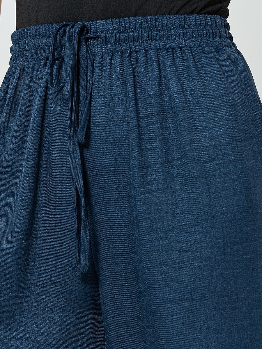 Navy Blue Wide Leg Linen Look Pants