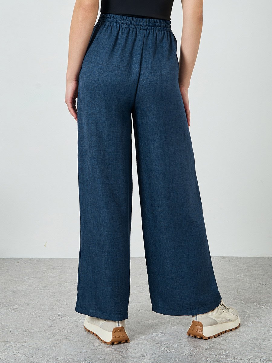 Navy Blue Wide Leg Linen Look Pants