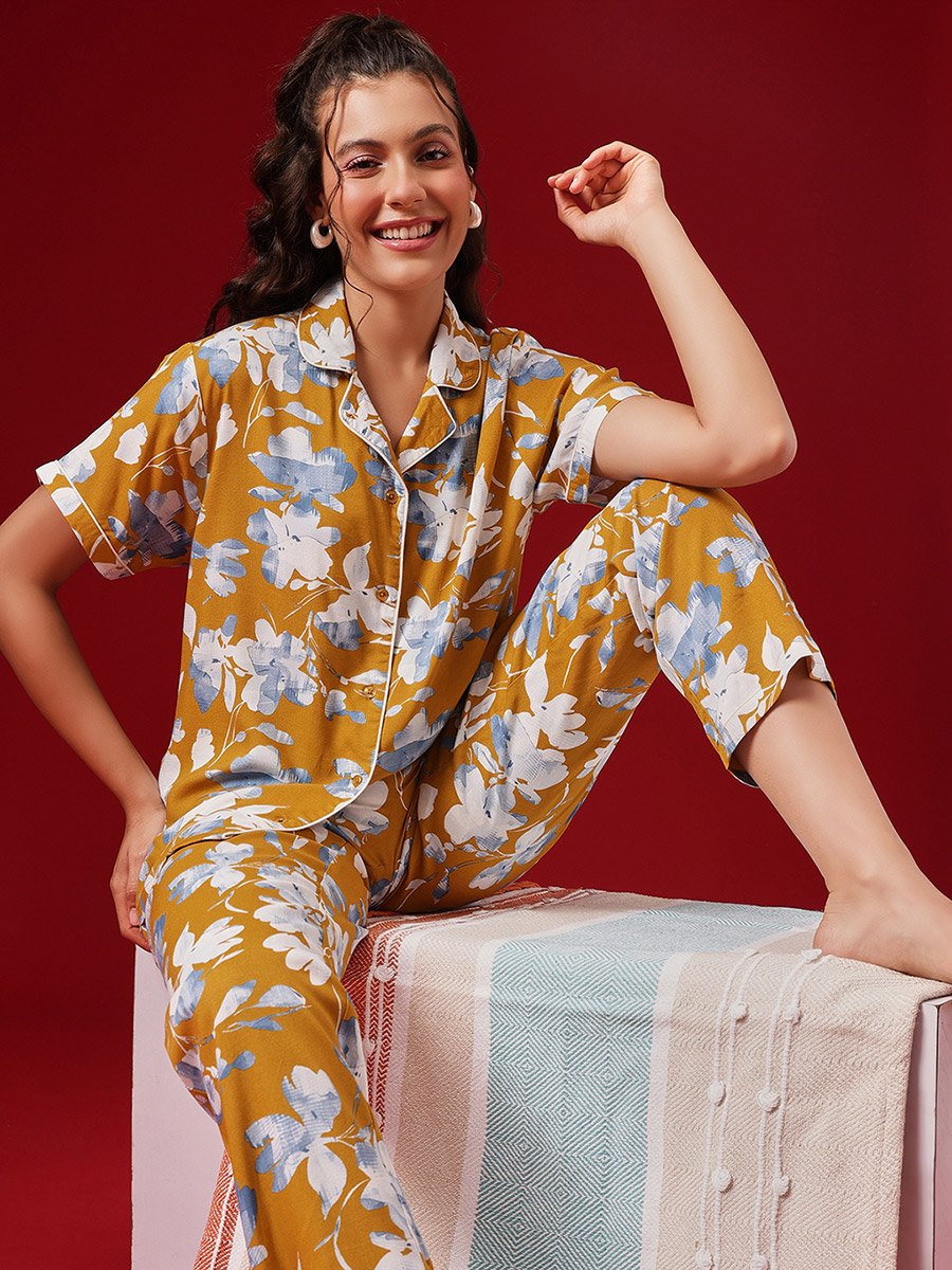 Floral Print Button Down Shirt and Pyjama Set