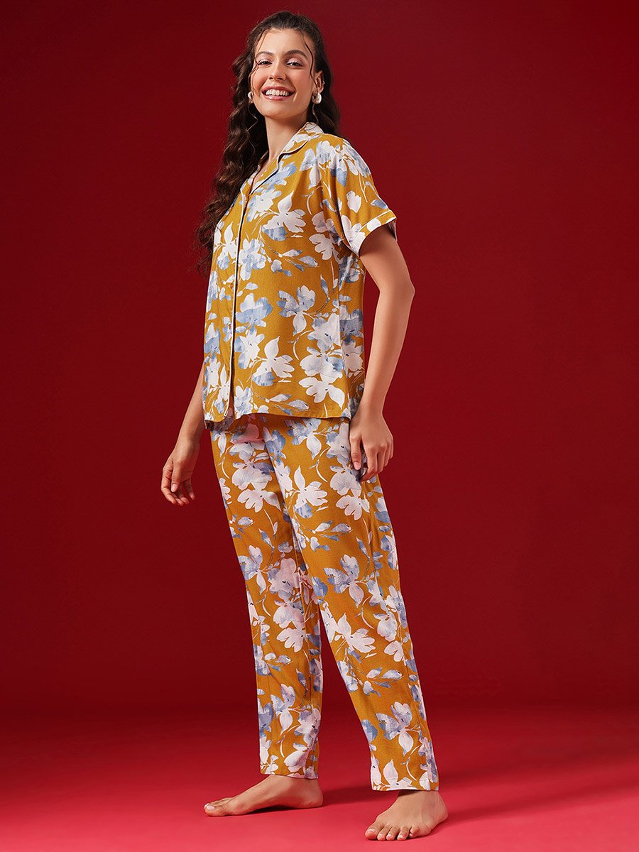 Floral Print Button Down Shirt and Pyjama Set