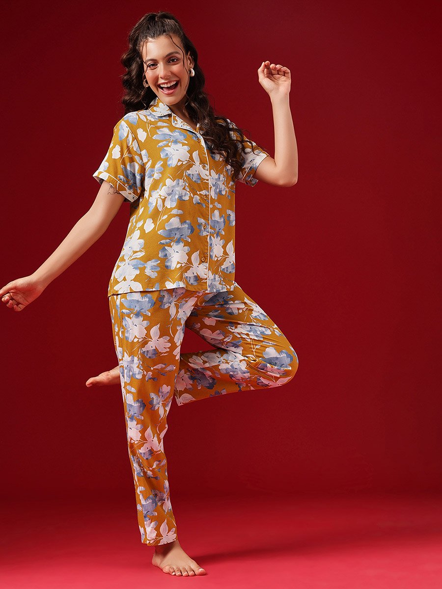 Floral Print Button Down Shirt and Pyjama Set