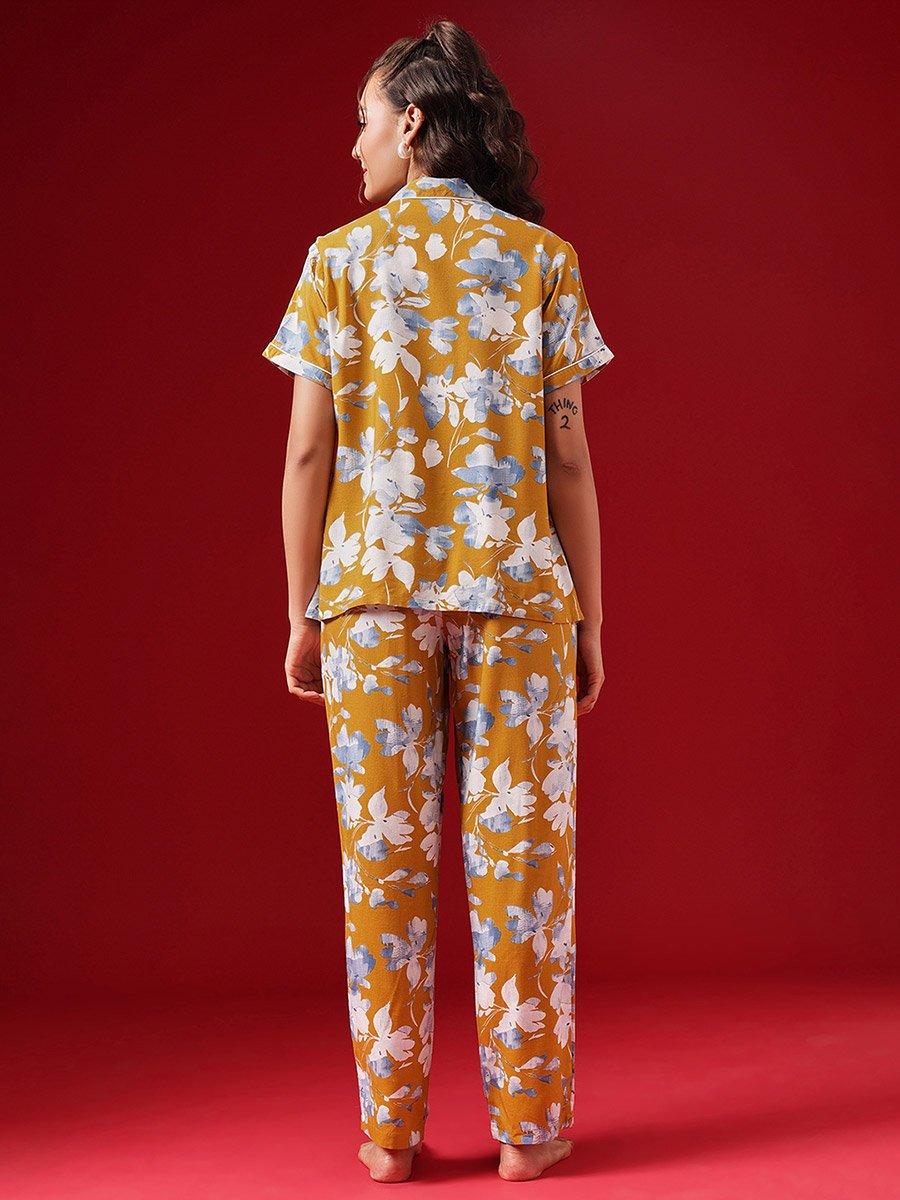 Floral Print Button Down Shirt and Pyjama Set