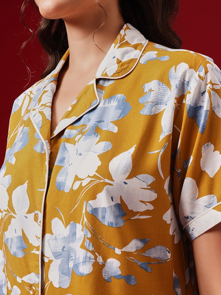Floral Print Button Down Shirt and Pyjama Set