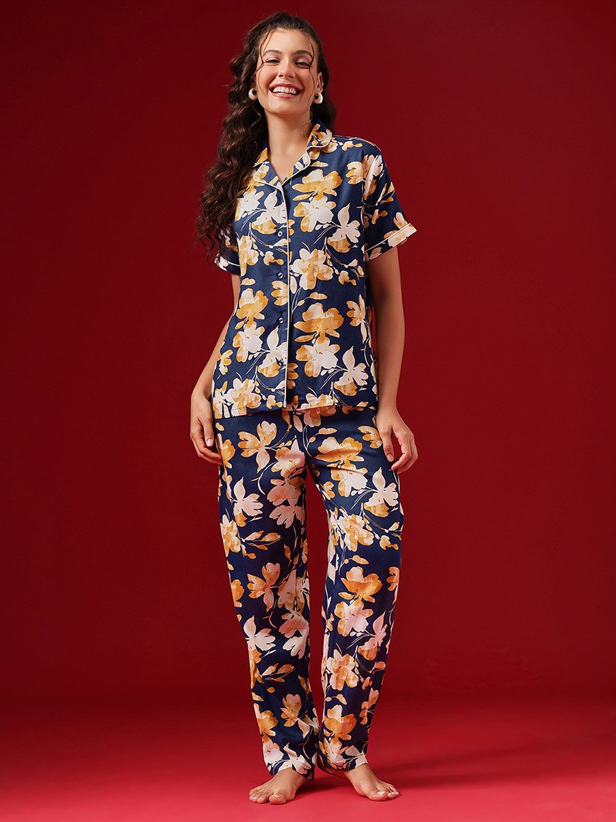 Floral Print Button Down Shirt and Pyjama Set