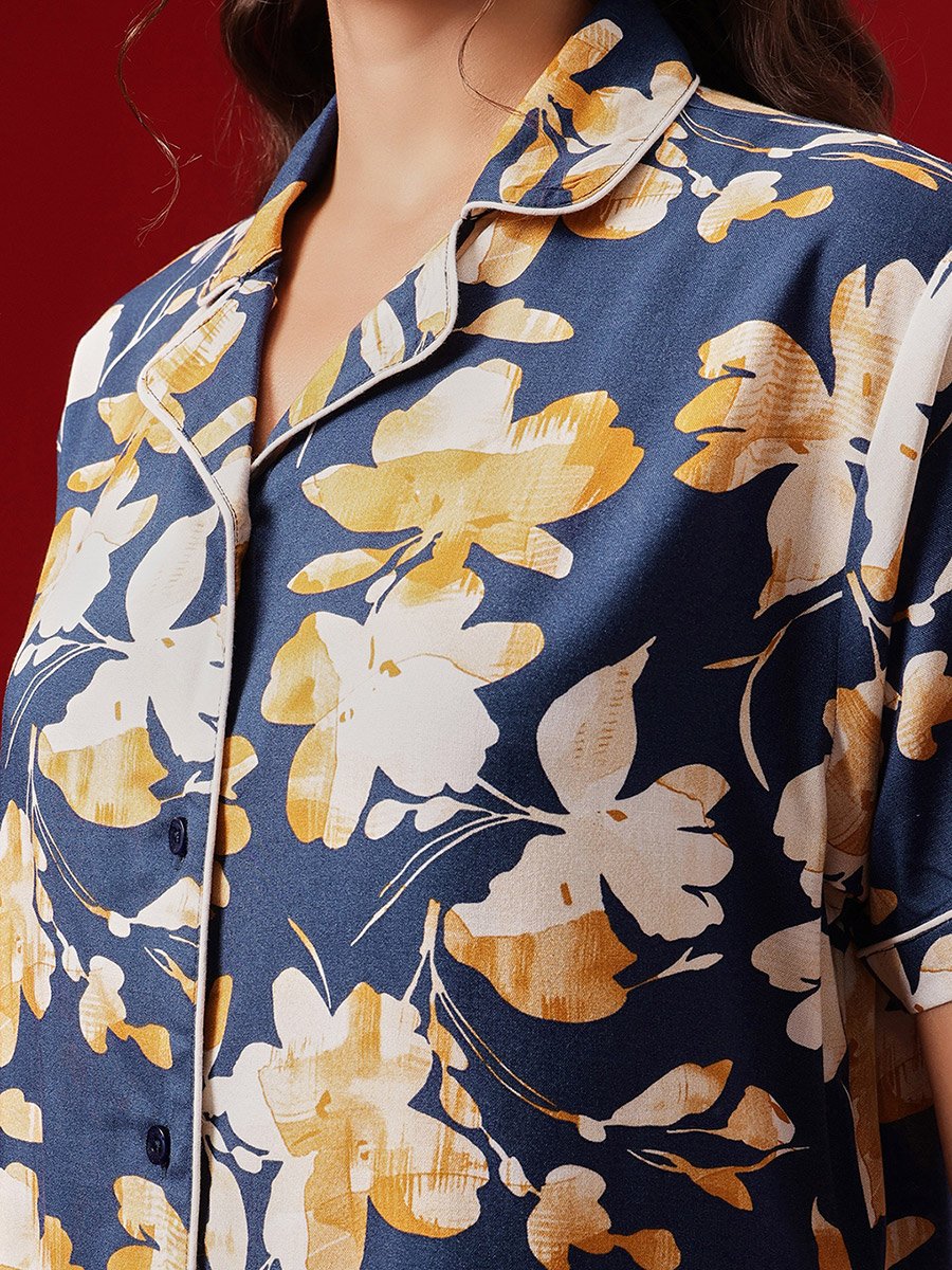 Floral Print Button Down Shirt and Pyjama Set