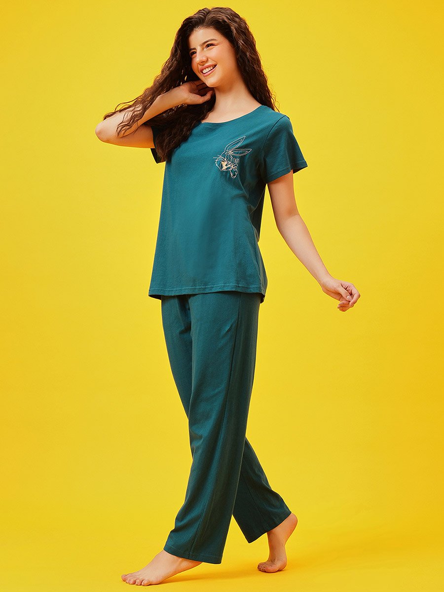 Solid T-Shirt and 100% Cotton Pyjama Set