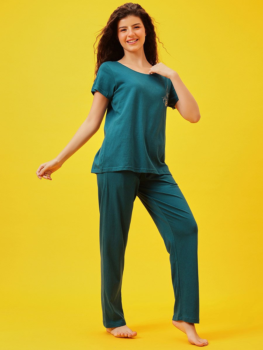 Solid T-Shirt and 100% Cotton Pyjama Set