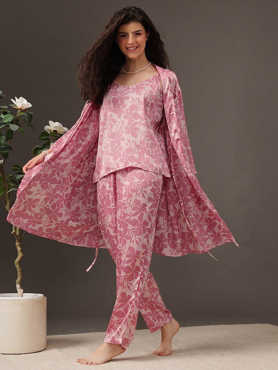Pack of 3 - Floral Satin Cami, Robe and Pyjama