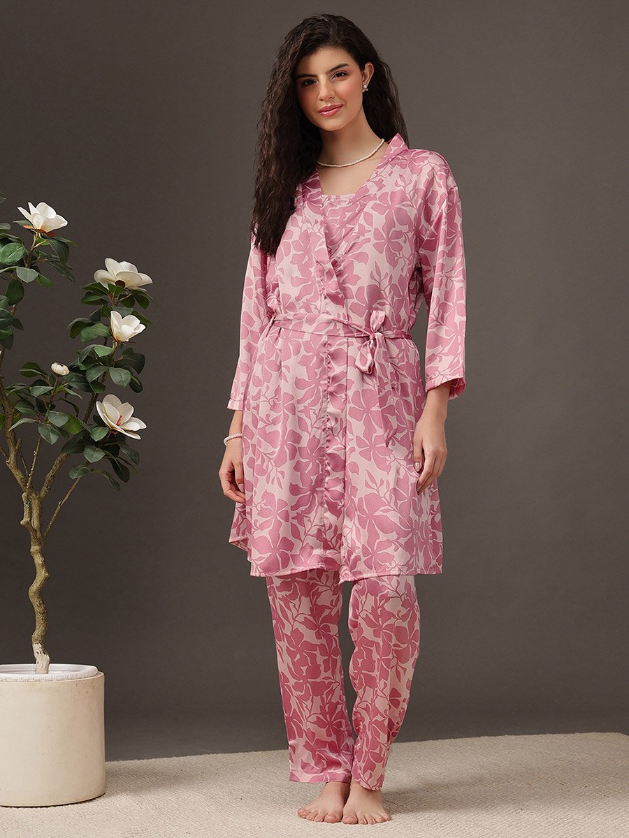 Pack of 3 - Floral Satin Cami, Robe and Pyjama