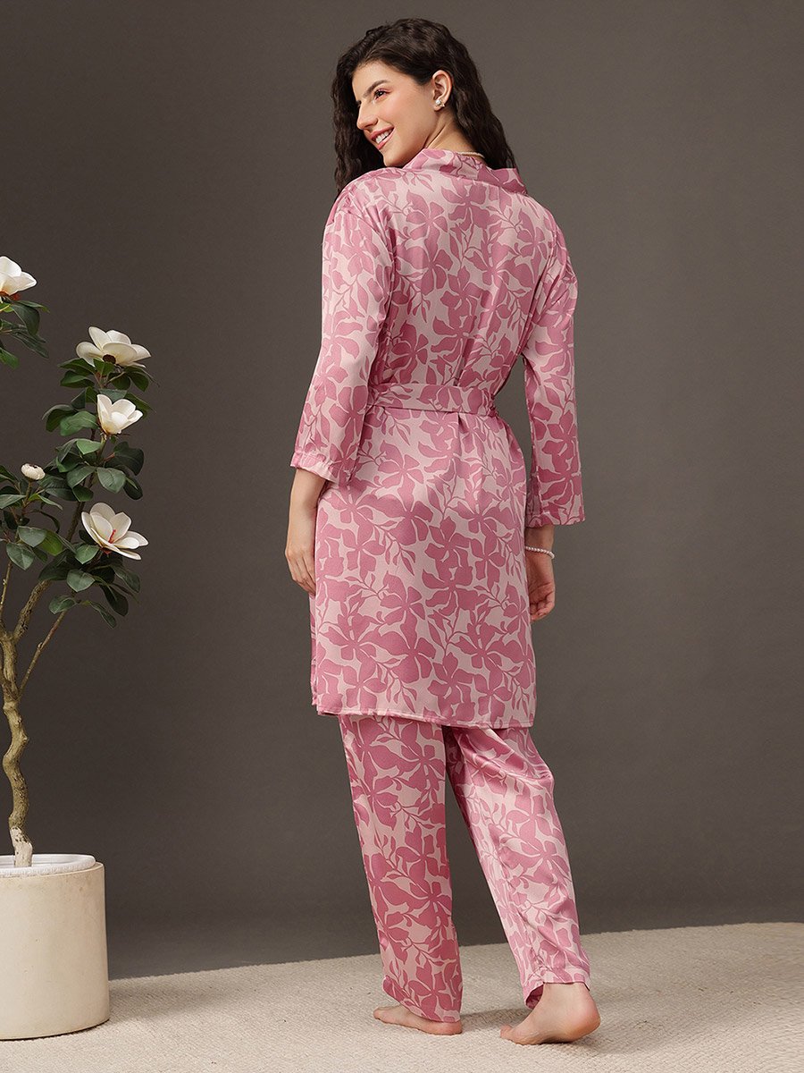 Pack of 3 - Floral Satin Cami, Robe and Pyjama