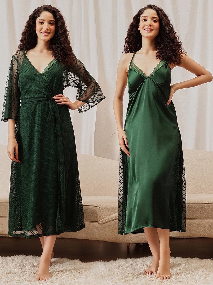 Pack of 2 - Lace Trim Satin Robe and Slip Dress