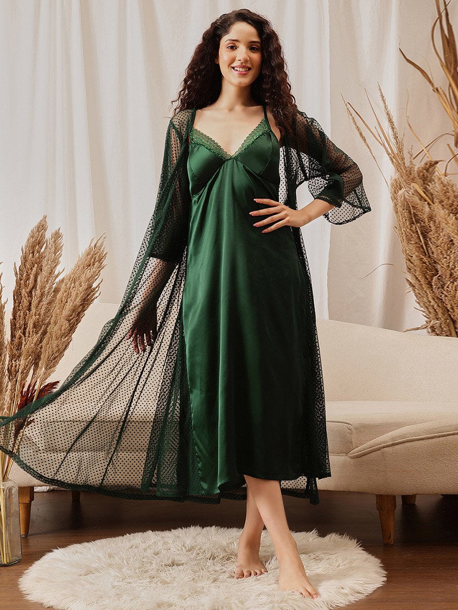 Pack of 2 - Lace Trim Satin Robe and Slip Dress
