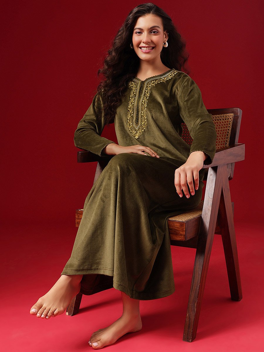 Women Olive Green Velvet Look Nightdress 