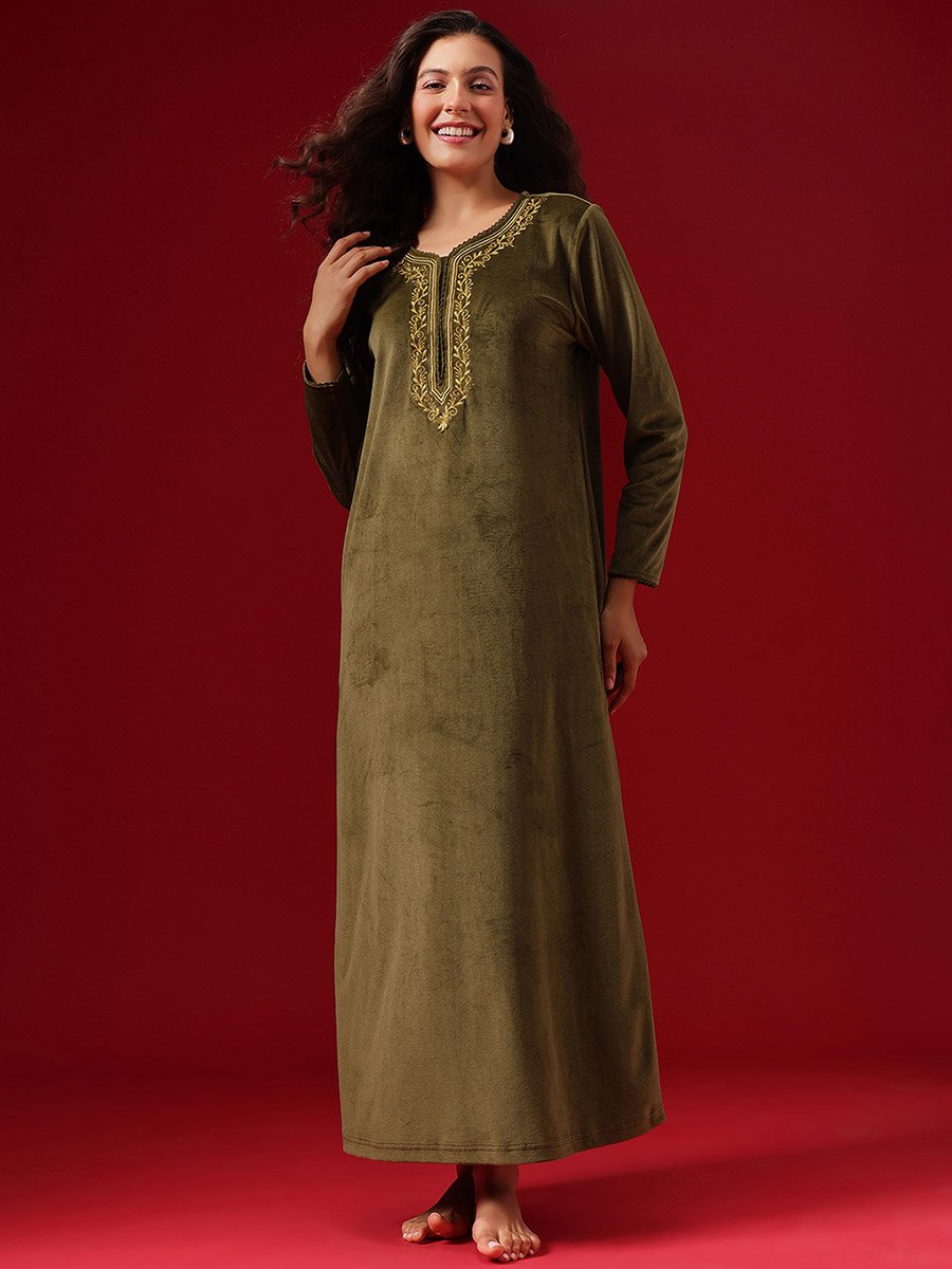 Women Olive Green Velvet Look Nightdress 