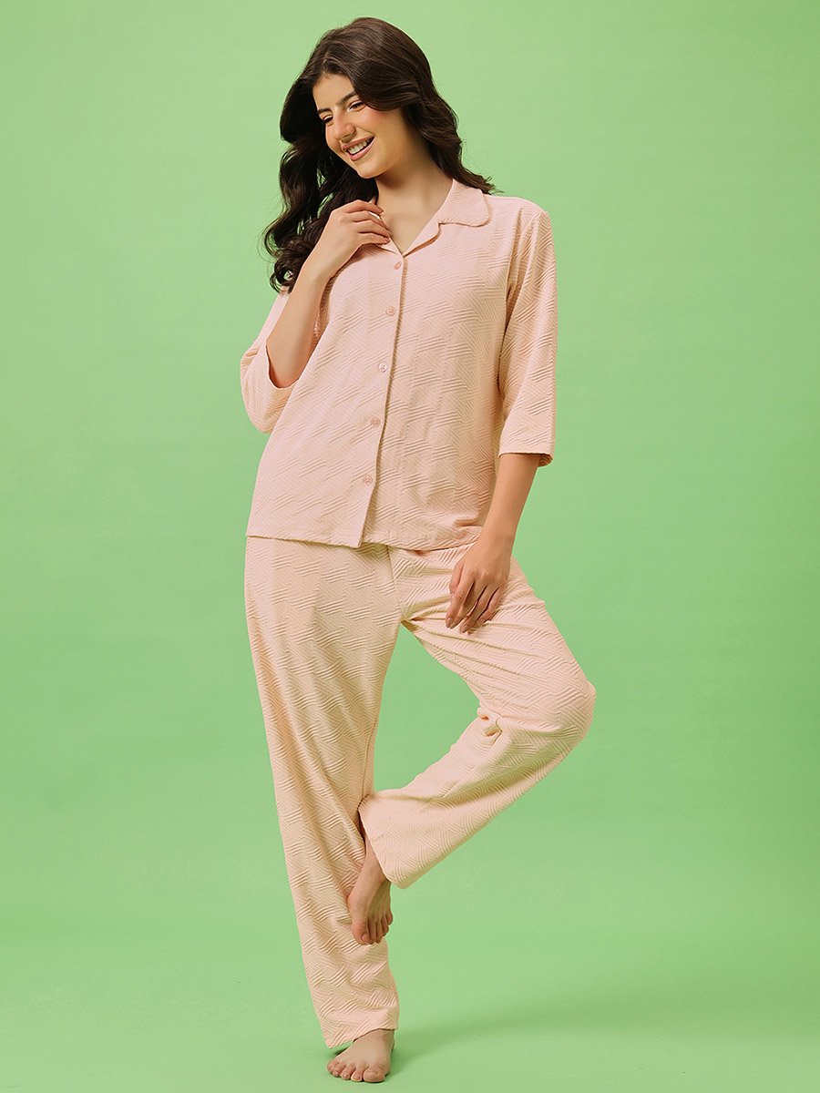 Solid Button Down Shirt and Pyjama Set