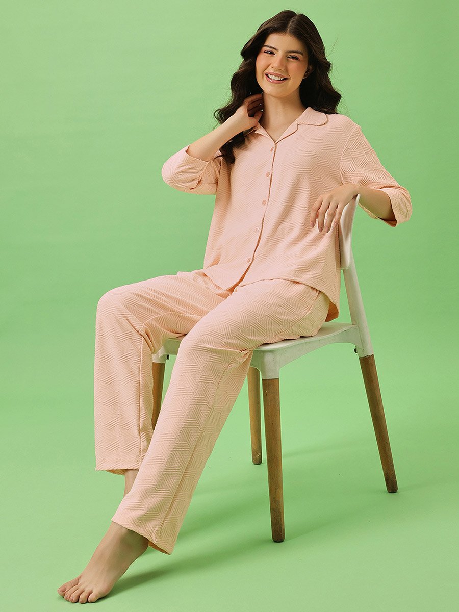 Solid Button Down Shirt and Pyjama Set