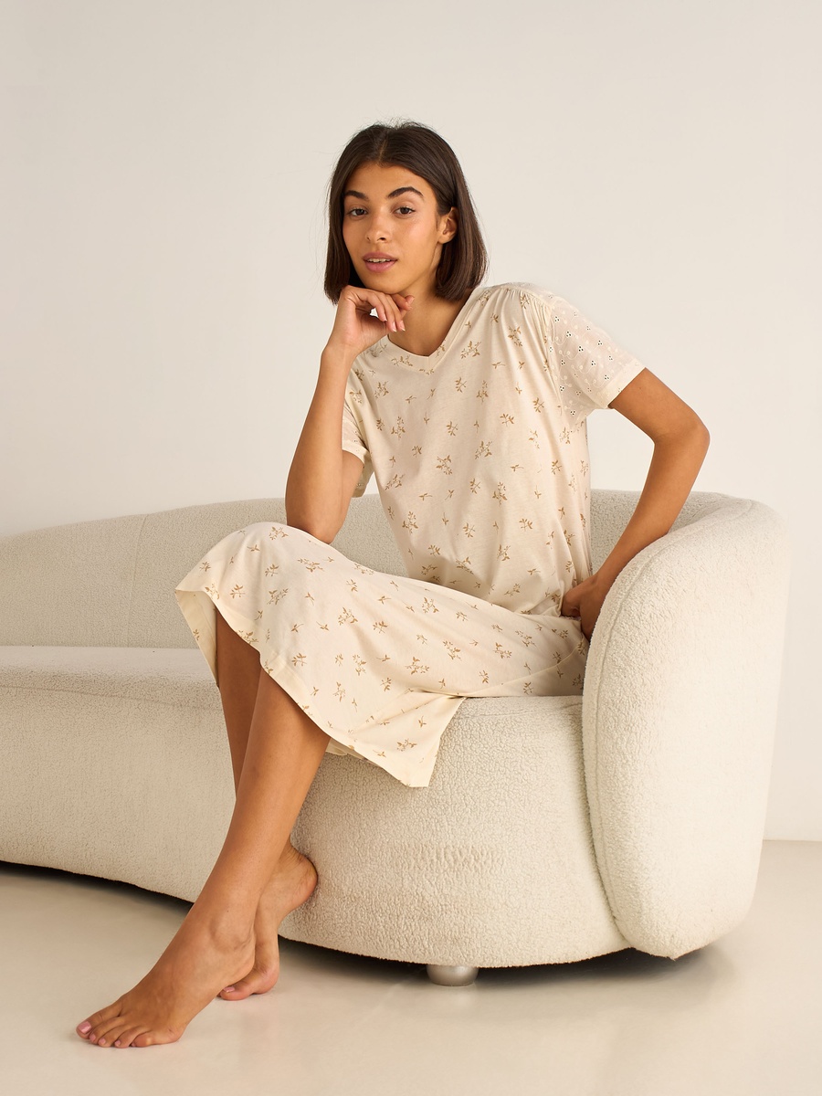 Embroidered Cotton Nightdress with Short Sleeves