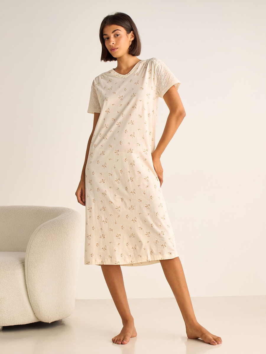 Embroidered Cotton Nightdress with Short Sleeves
