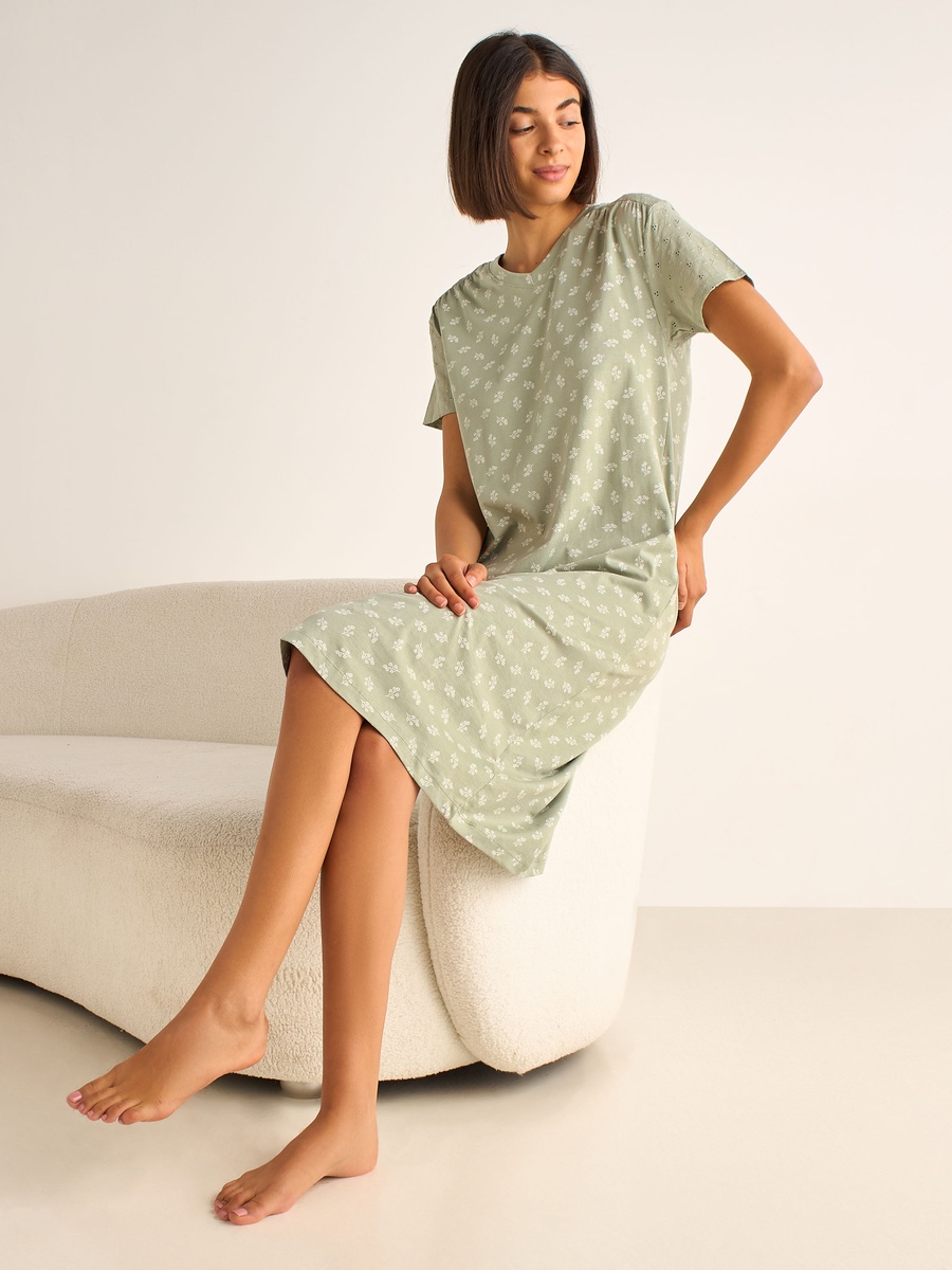 Embroidered Cotton Nightdress with Short Sleeves