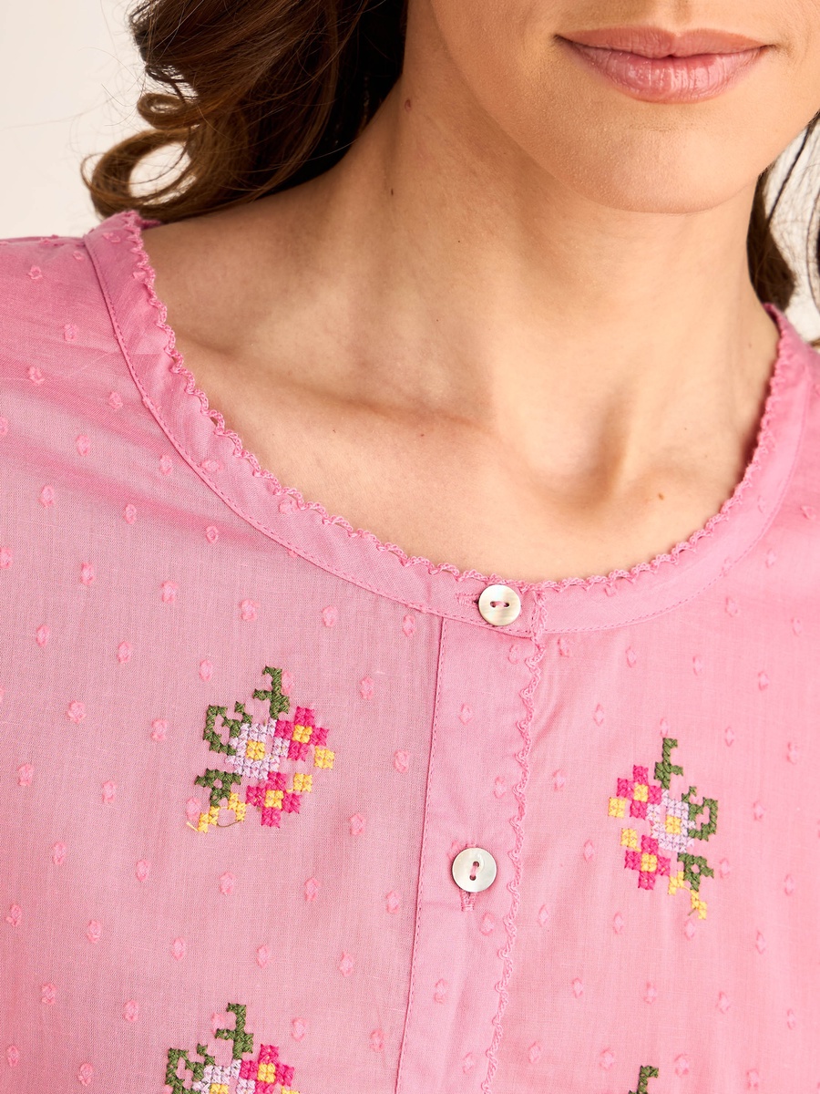 Embroidered Nightdress with 3/4 Sleeves