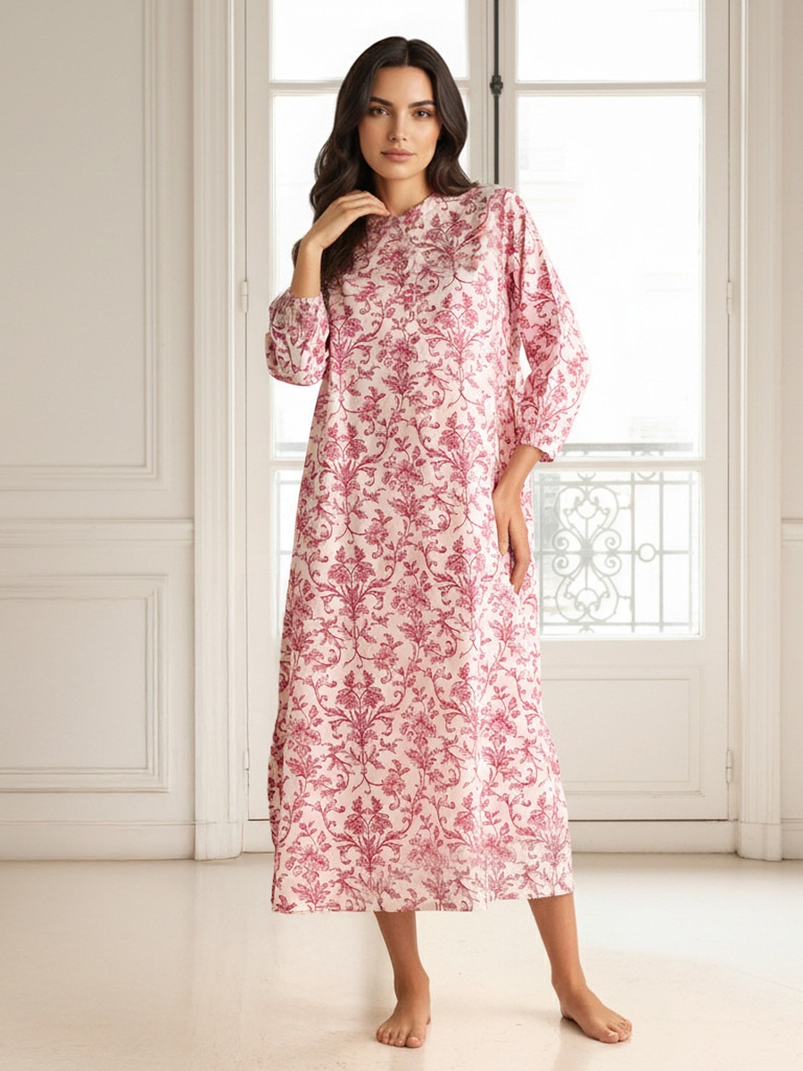Printed Cotton Nightdress with Long Sleeves 