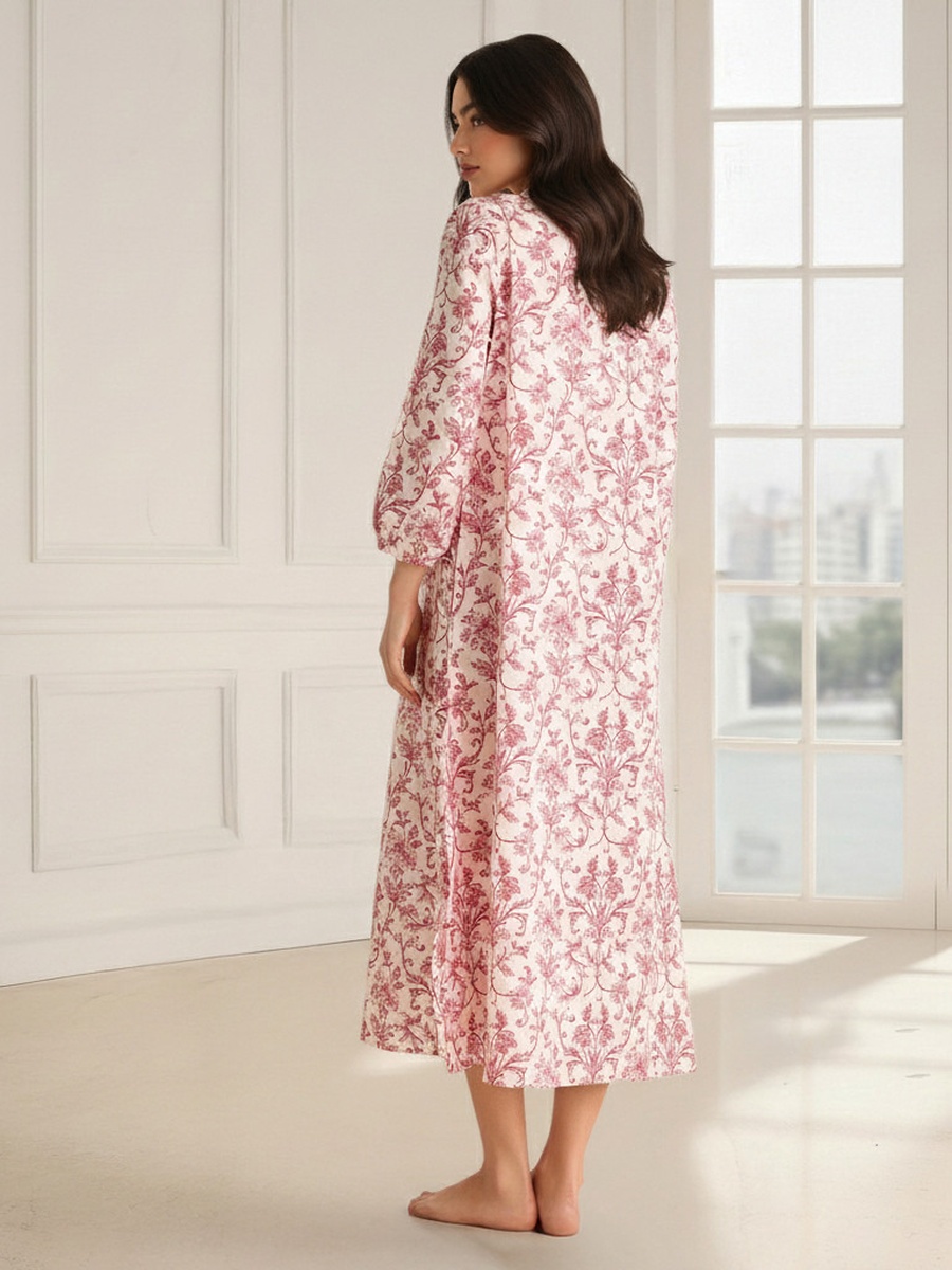 Printed Cotton Nightdress with Long Sleeves 