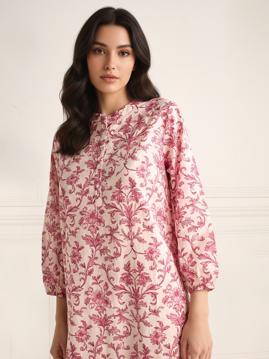 Printed Cotton Nightdress with Long Sleeves 