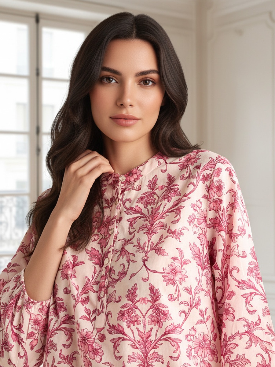 Printed Cotton Nightdress with Long Sleeves 
