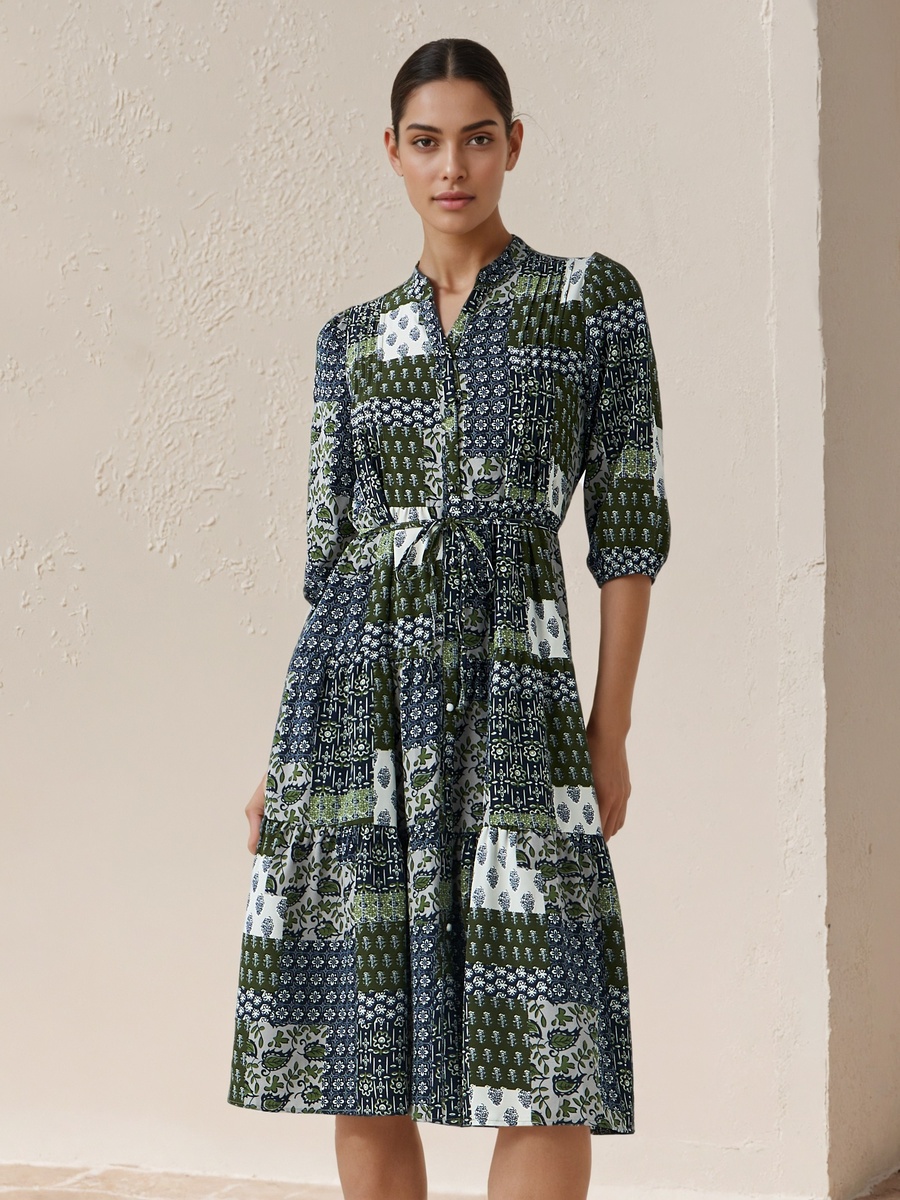 A-Line Midi Viscose Dress with Tie-Up Belt