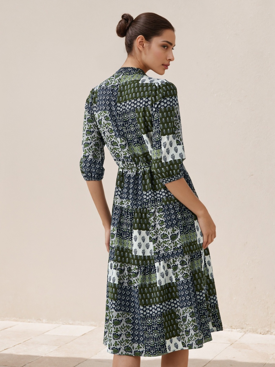 A-Line Midi Viscose Dress with Tie-Up Belt