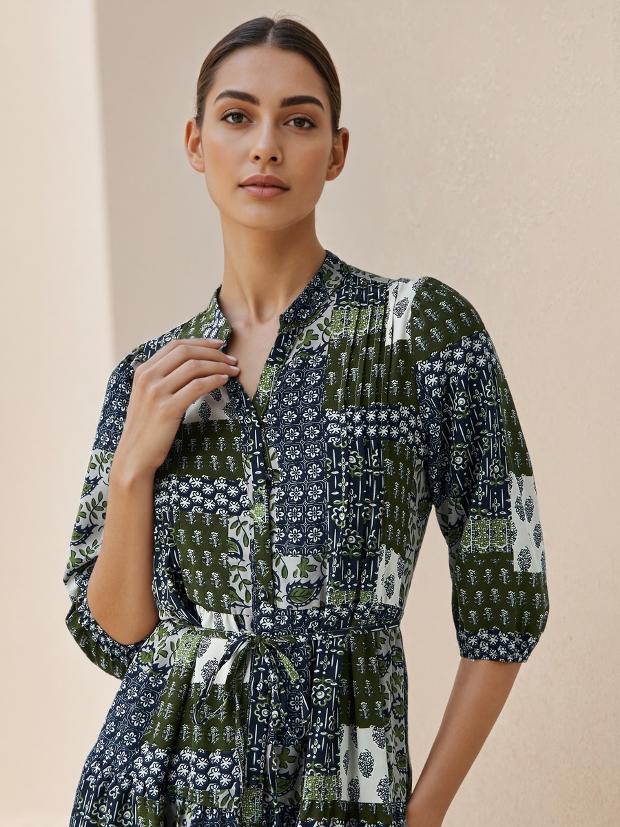A-Line Midi Viscose Dress with Tie-Up Belt