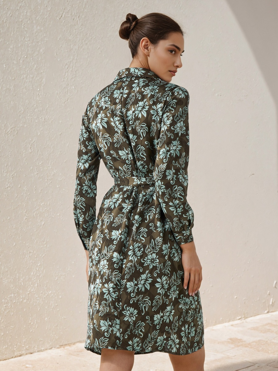 Knee Length Shirt Belted Dress with Floral Print
