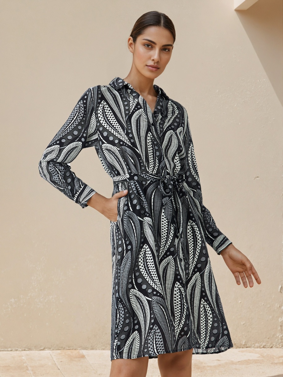 Printed Knee Length Shirt Belted Dress