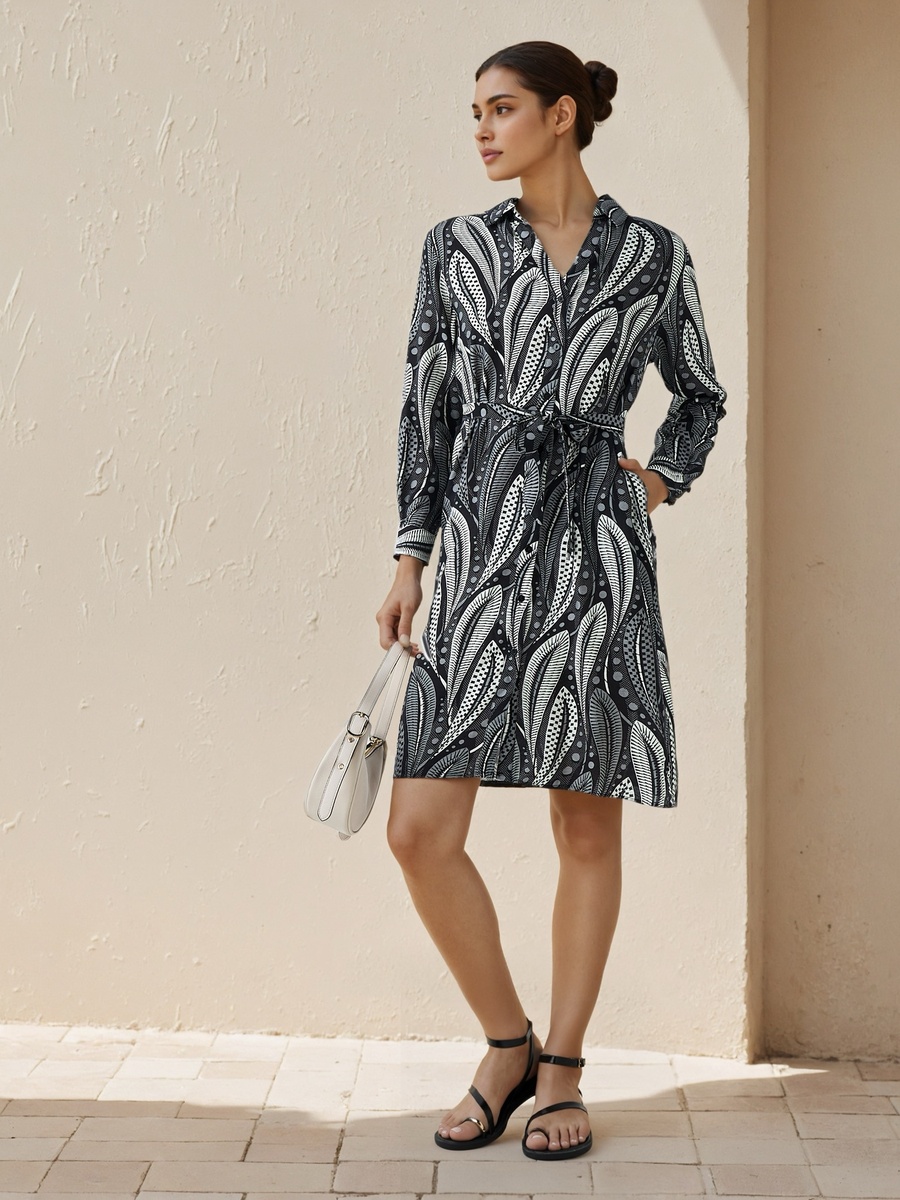 Printed Knee Length Shirt Belted Dress