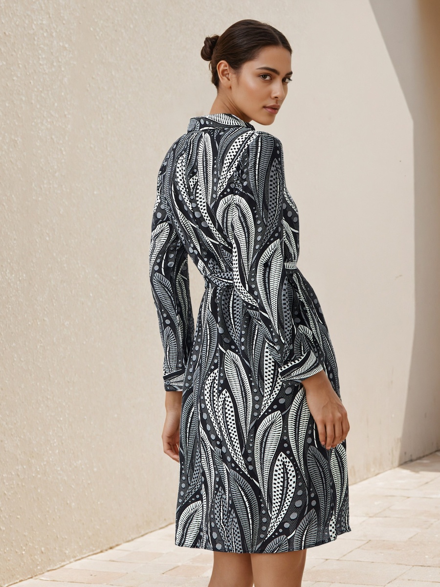 Printed Knee Length Shirt Belted Dress