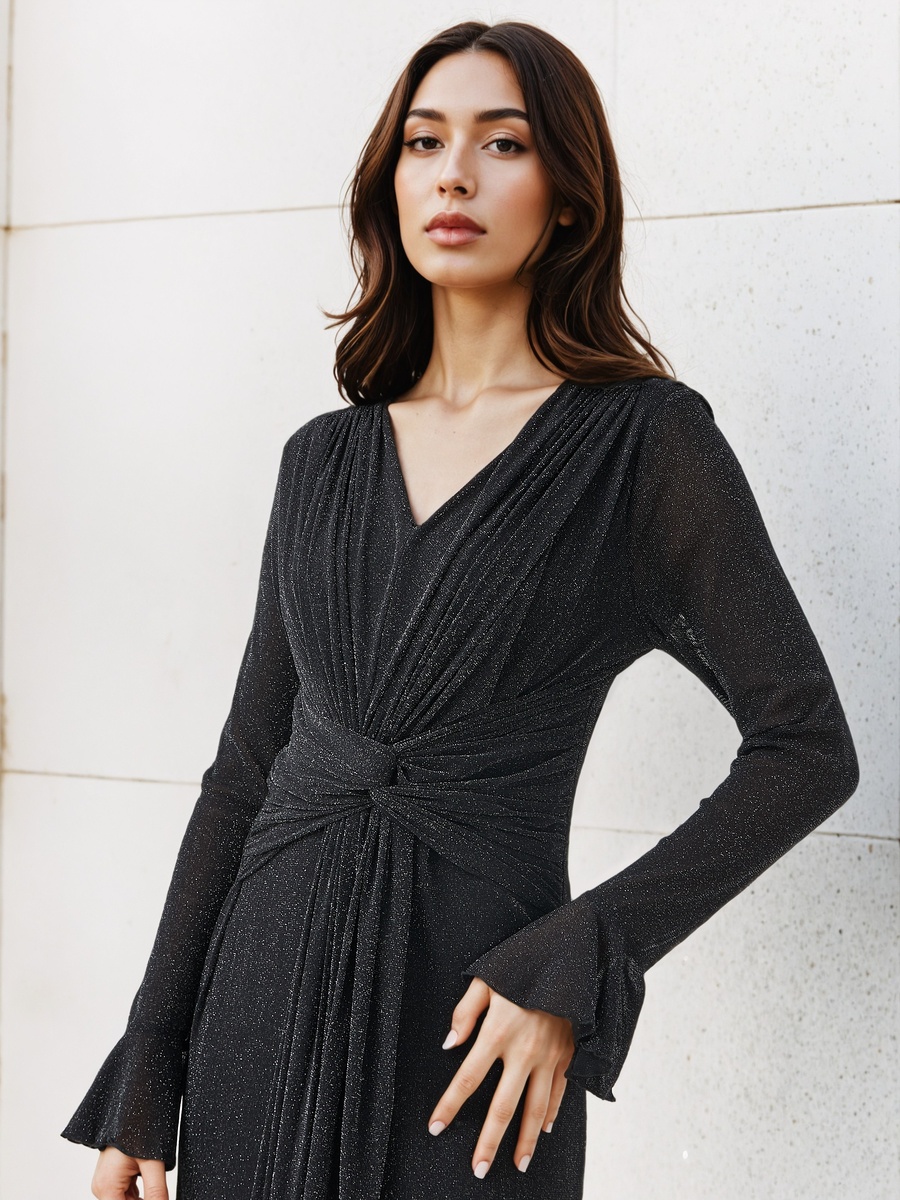 Lurex Accent Maxi Dress with Bell Sleeves For Default Category at Bahrain | Styli Lurex Accent Maxi Dress with Bell Sleeves For Default Category at Bahrain | Styli