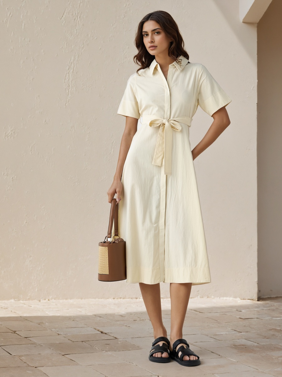 Shirt Midi Cotton Dress with Waist Tie-Up